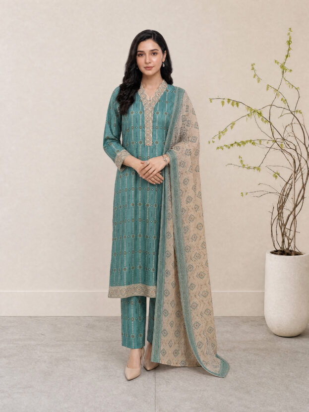 Melis - Beige Rotary Print Lawn Suit with Printed Trouser