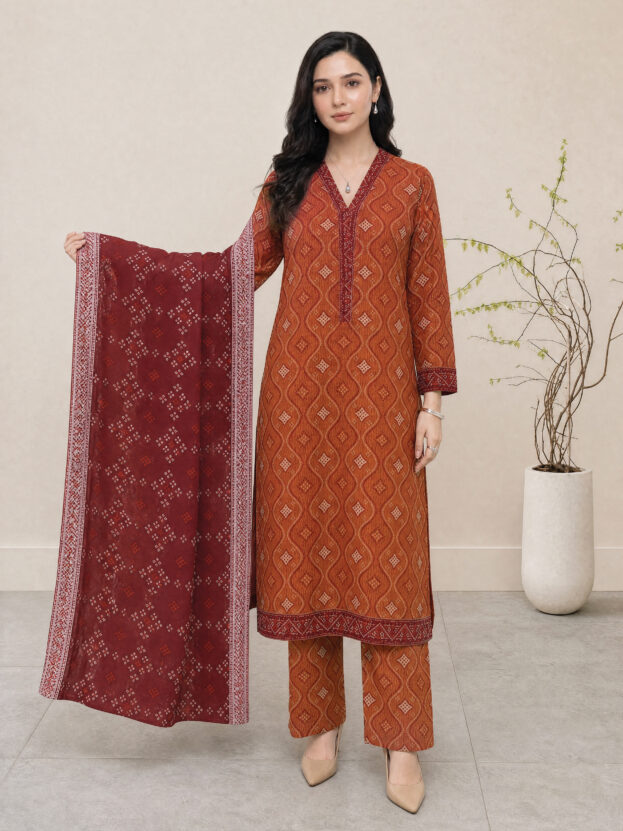 Melis - Rust Red Rotary Print Lawn Suit with Printed Trouser