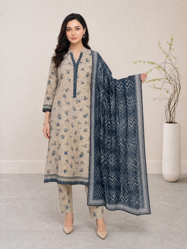 Melis - Grey Taupe Rotary Print Lawn Suit with Printed Trouser