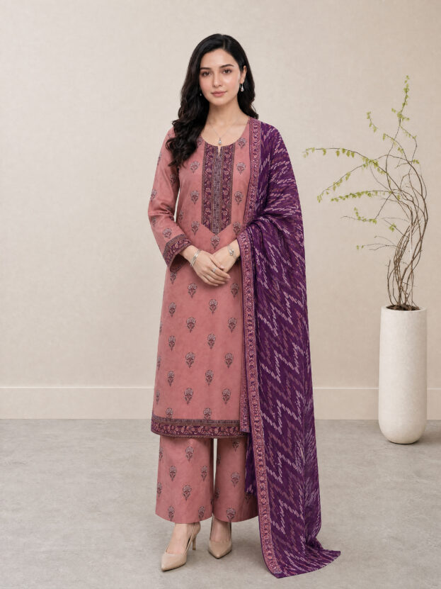 Melis - Dusty Rose Rotary Print Lawn Suit with Printed Trouser