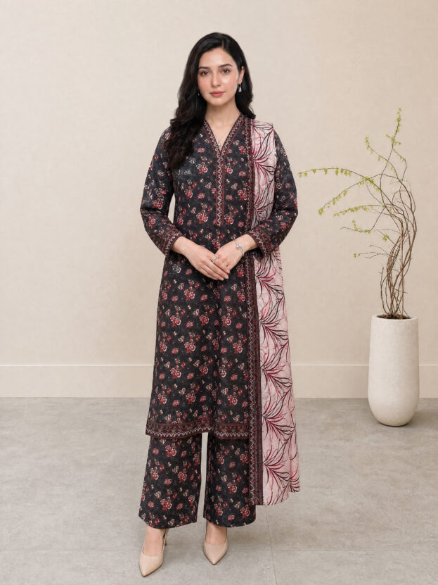 Melis - Chocolate Brown Rotary Print Lawn Suit with Printed Trouser