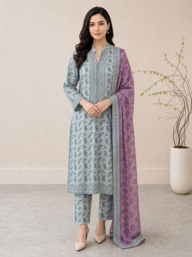 Melis - Mauve Grey Rotary Print Lawn Suit with Printed Trouser