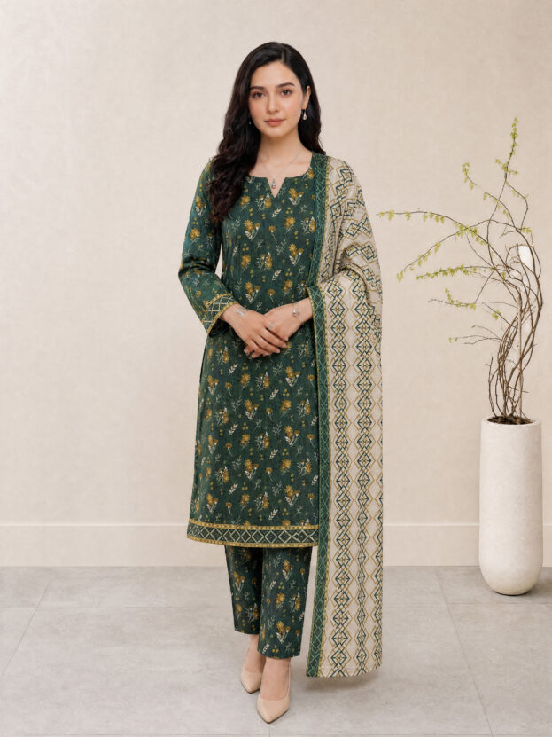 Melis - Olive Green Rotary Print Lawn Suit with Printed Trouser