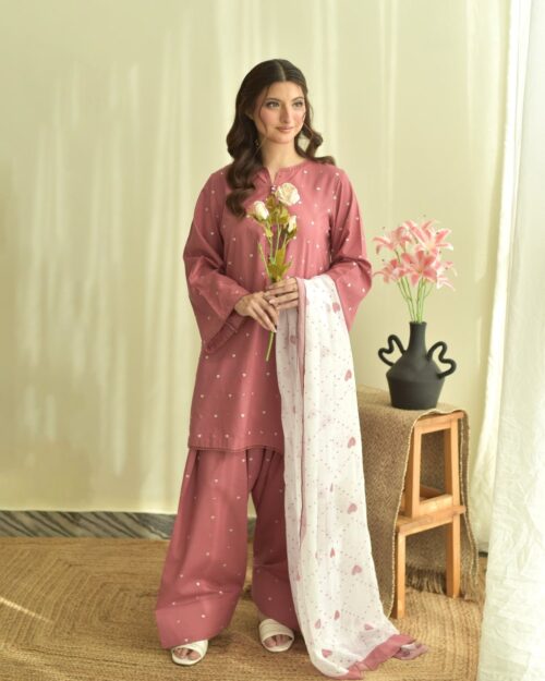 PINK HEART EMBROIDERED LAWN 3PC WITH CHIFFON DUPPATA