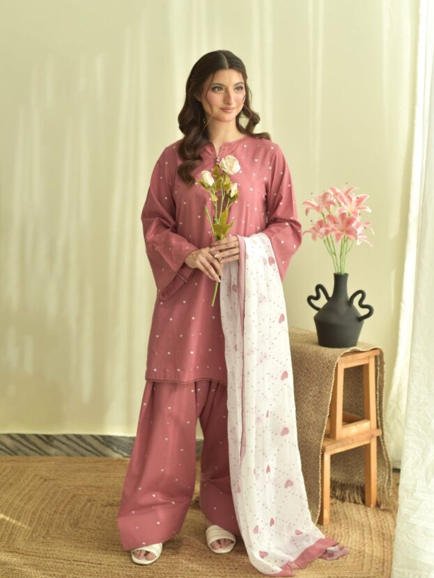 PINK HEART EMBROIDERED LAWN 3PC WITH CHIFFON DUPPATA
