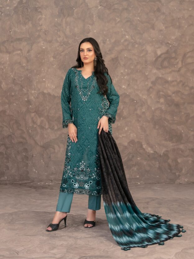 Merekah - Teal Green Embroidered Digital Print Lawn Suit D-3900