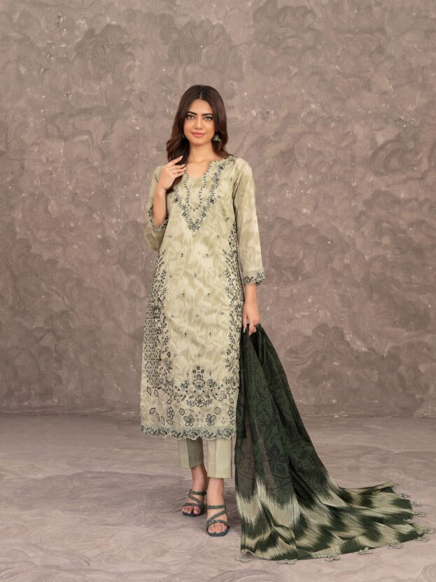 Merekah - Mustard Olive Embroidered Digital Print Lawn Suit D-3901