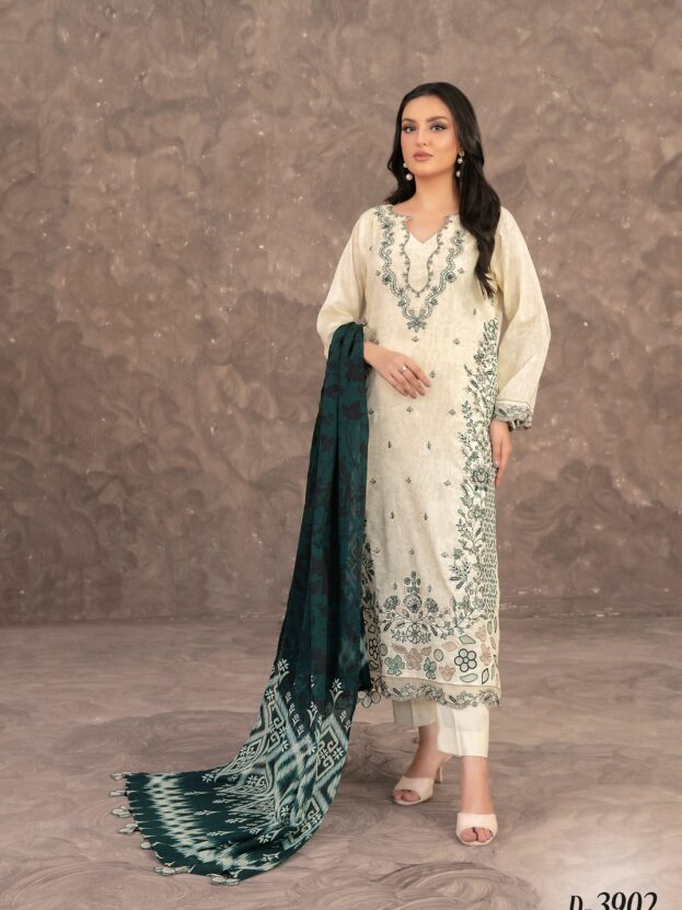 Merekah - Beige Tan Embroidered Digital Print Lawn Suit D-3902