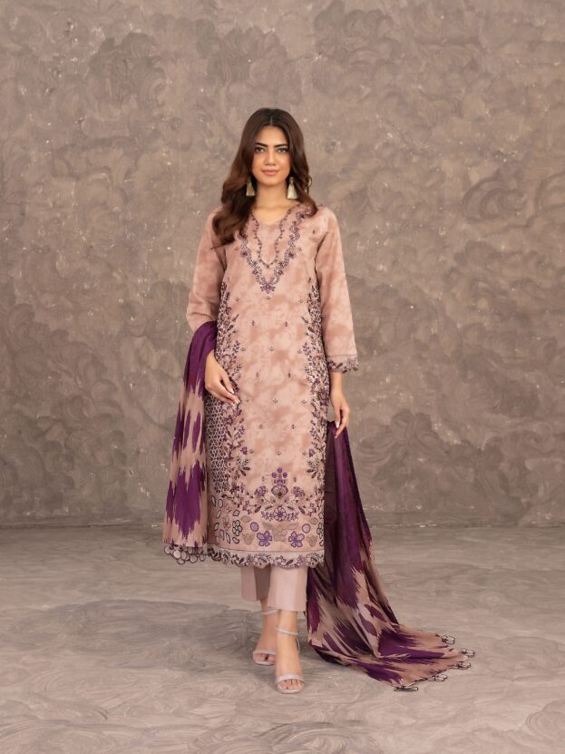 Merekah - Wine Pink Embroidered Digital Print Lawn Suit D-3903
