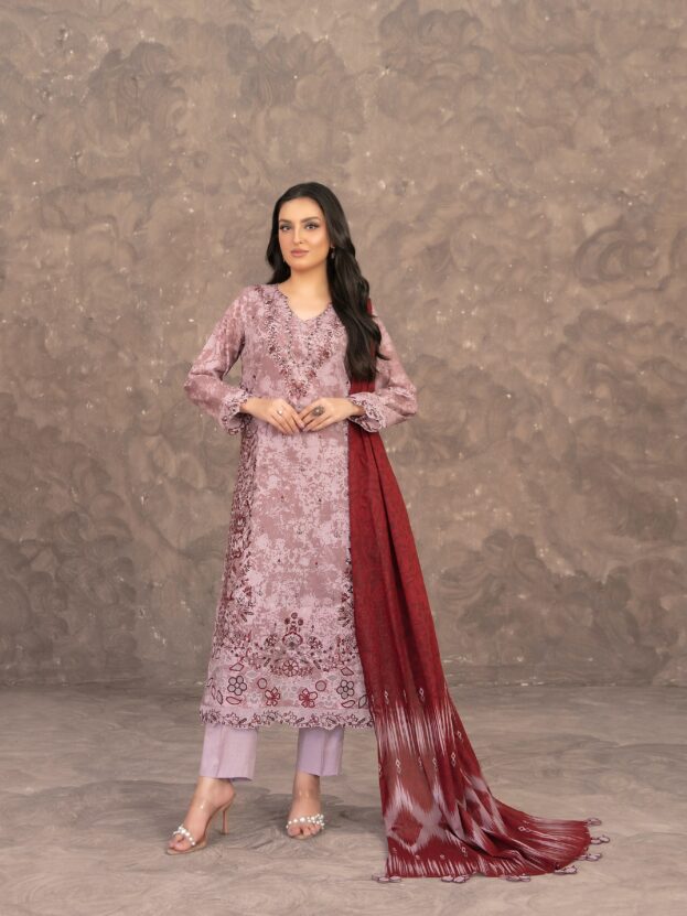 Merekah - Maroon Red Embroidered Digital Print Lawn Suit D-3904