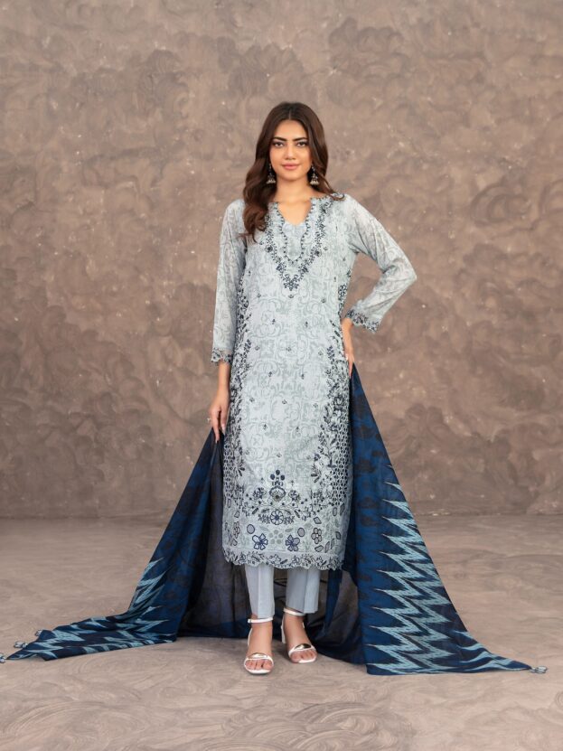 Merekah - Grey Taupe Embroidered Digital Print Lawn Suit D-3905
