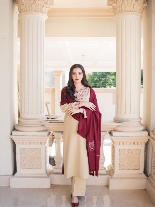 NATURAL BEIGE WINTER 2026 EMBROIDERED UNSTICHED DHANAK 3PC WITH EMBROIDERED DHANAK SHAWL